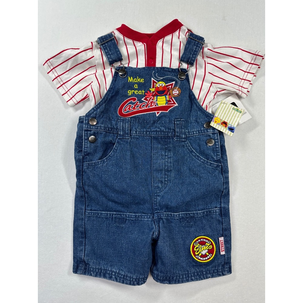Vtg NWT Sesame Street Shortall 2 Piece Set 2T Elmo Embroidered Baseball Y2K